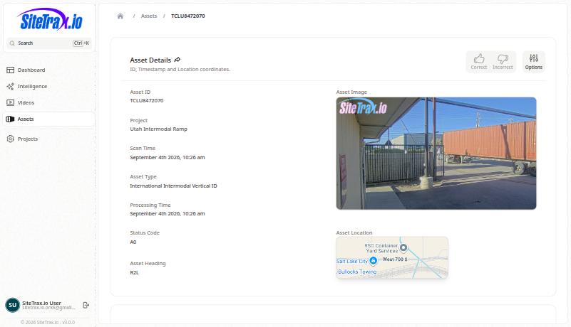 An asset record with its image, times, status and full payload